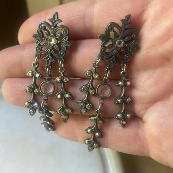 925 Sterling silver VTG Chandelier Marcasite pierced crystal dangle earrings - Picture 7 of 7